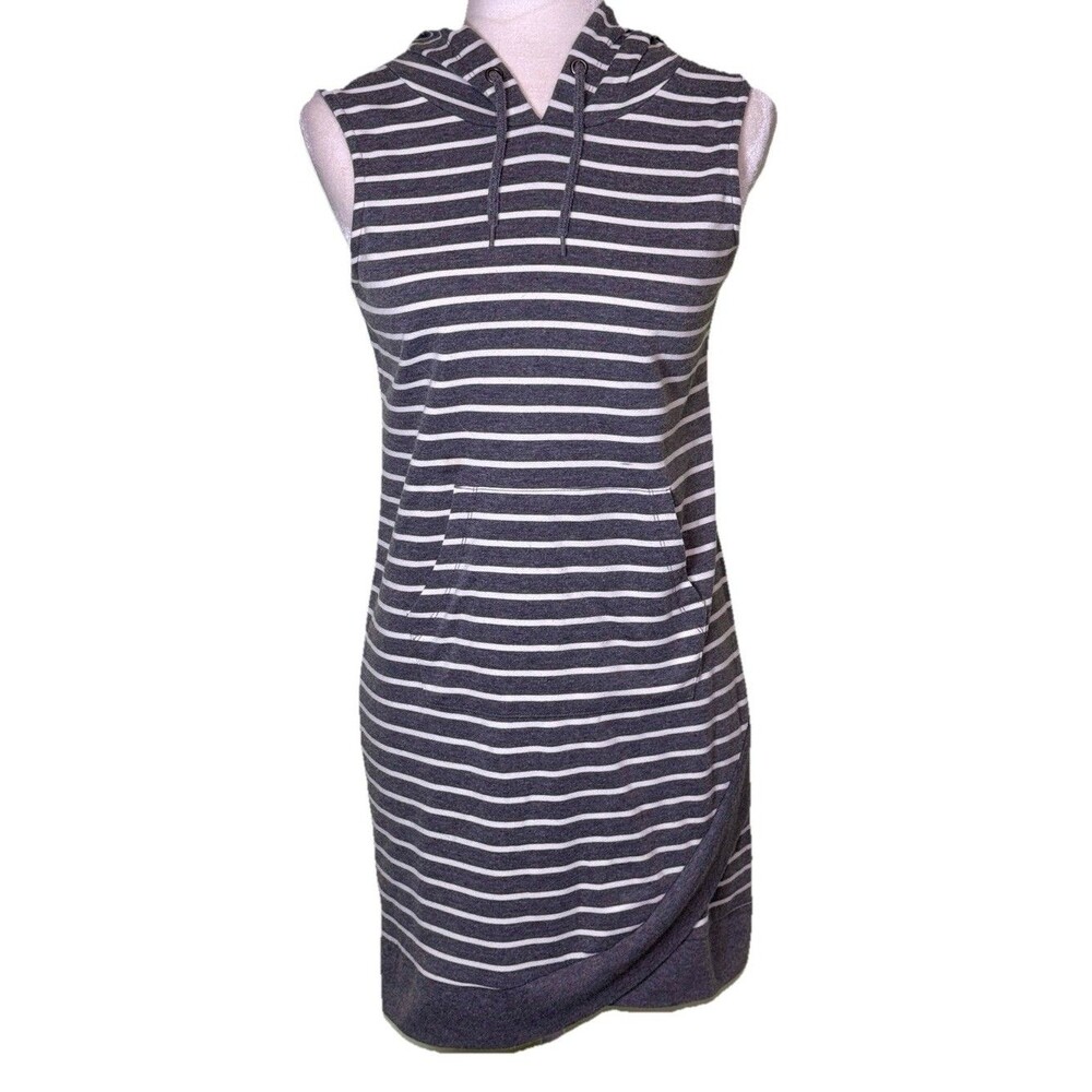 Women‎ Gray Striped Sleeveless Hoodie Dress Kangaroo Pocket Sporty Athleisure Sm